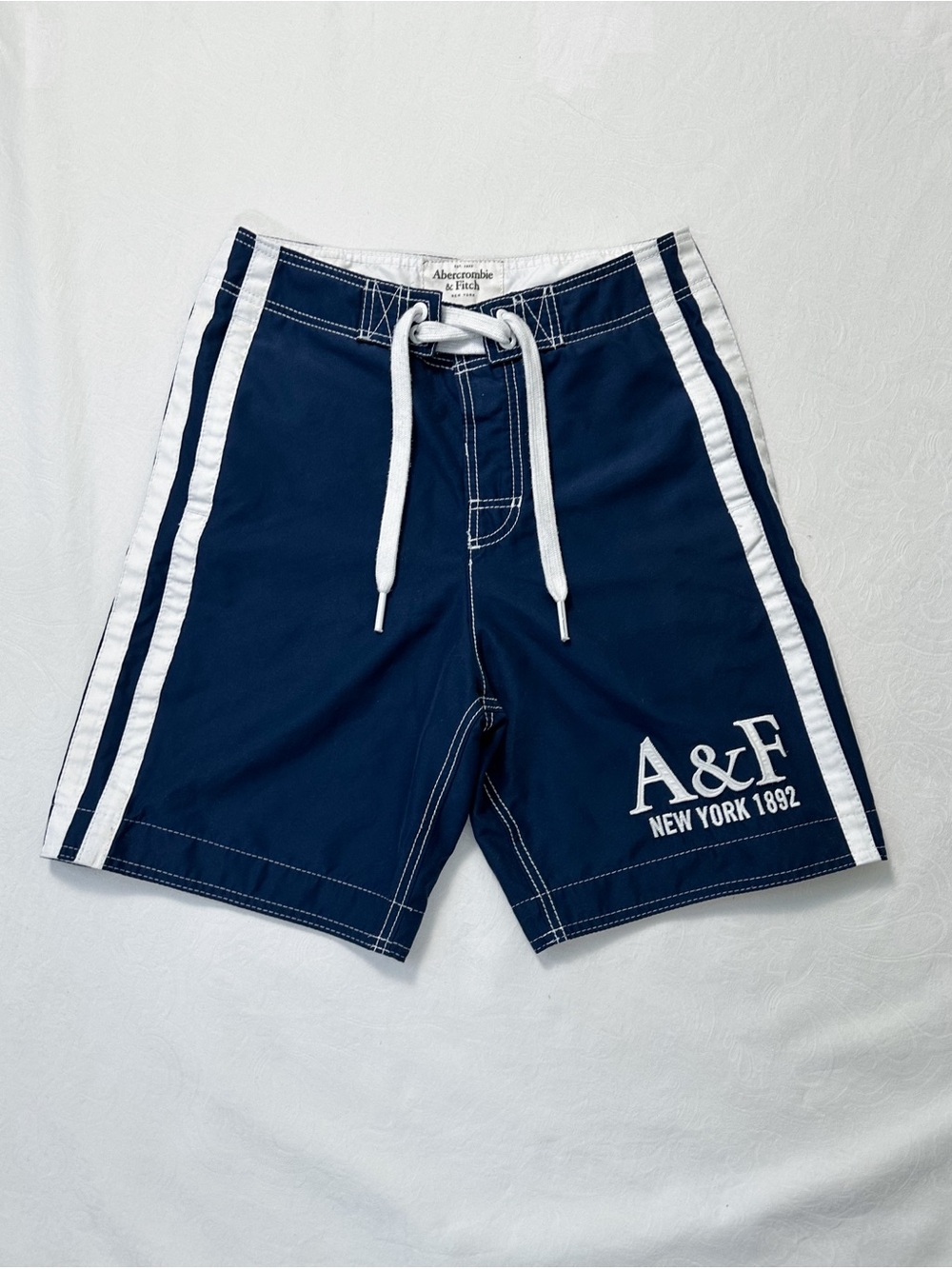 Abercrombie & Fitch Men's Navy Swim Trunks with White Stripes